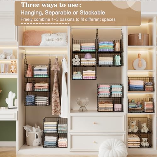 3-Tier Extra Large Closet Hanging Organizer with Dividers, Clothes Hanging Shelves with 2 Hanging Hooks & 5 S-Hooks, Wire Storage Baskets for Sweaters, Shoes, Handbags & Accessories
