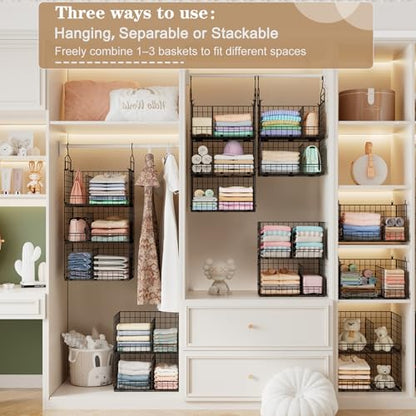 3-Tier Extra Large Closet Hanging Organizer with Dividers, Clothes Hanging Shelves with 2 Hanging Hooks & 5 S-Hooks, Wire Storage Baskets for Sweaters, Shoes, Handbags & Accessories
