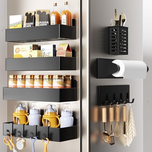 Magnetic Spice Rack for Refrigerator,7 Pack Magnetic Shelf,Fridge Magnet Organizer with Paper Towel Holder,Utensils Racks,Hook Rack,Fridge Organizers and Storage Black(7 Pack)