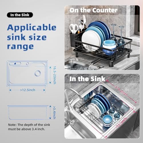 Dish Drying Rack for Kitchen Counter,Stainless Steel,Black | Space Saving,New Drain Outlet,Rotating Spout & Angled Drainboard for Quick Drainage,Removable Utensil Holder