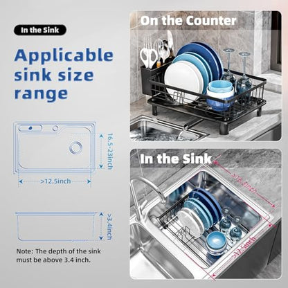 Dish Drying Rack for Kitchen Counter,Stainless Steel,Black | Space Saving,New Drain Outlet,Rotating Spout & Angled Drainboard for Quick Drainage,Removable Utensil Holder