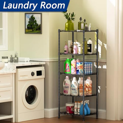 5-Wire Shelving Metal Storage Rack Adjustable Shelves,Standing Storage Shelf Units for Laundry Bathroom Kitchen Pantry Closet(Black,11.8" D x 16.6" W x 53.5" H)