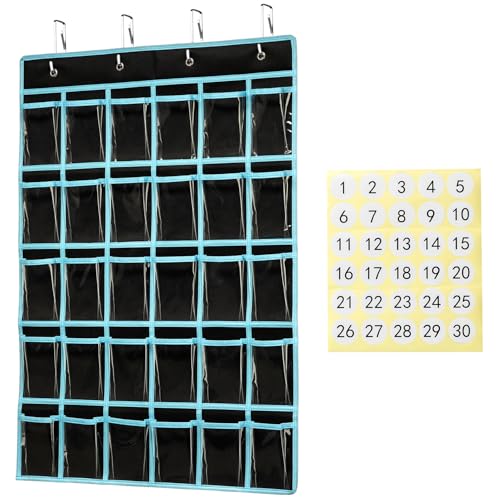 KEEPJOY Classroom Pocket Chart Organizer,Cell Phones Calculator Holder for Classroom Storage, Hanging Wall Door Calculator Phone Caddy for Classroom. (30 Pockets-Black)
