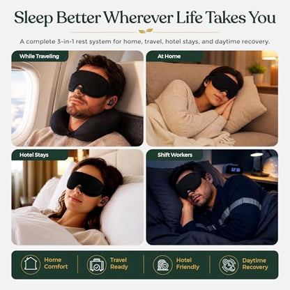 3-in-1 Sleep Kit for Women & Men - Eye Mask for Sleeping, Reusable Silicone Earplugs & 30 Nasal Strips | 3D Contoured Blackout Memory Foam | Travel Set for Snoring Relief | by Lumen and Bloom