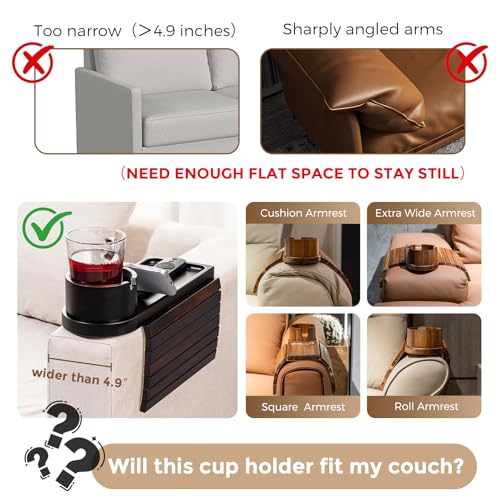 Couch Cup Holder for Armrests Over 4.9" Wide with 360° Phone Stand Walnut | Couch Arm Tray with 360° Rotating Phone Stand, 3 in 1 Foldable Sofa Arm Tray Table for Remote, Snacks, Phone, Drinks
