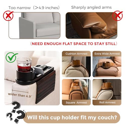 Couch Cup Holder for Armrests Over 4.9" Wide with 360° Phone Stand Walnut | Couch Arm Tray with 360° Rotating Phone Stand, 3 in 1 Foldable Sofa Arm Tray Table for Remote, Snacks, Phone, Drinks