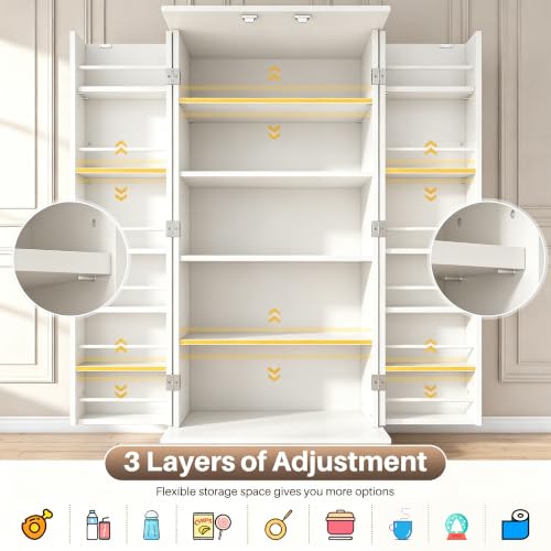 47" Kitchen Pantry Cabinet with Doors and Adjustable Shelves, Freestanding Pantry Storage Cabinet, Farmhouse Buffet Cupboard for Kitchen, Dining Room, Living Room, White