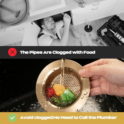 2 Pcs Sink Strainer Stainless Steel Kitchen Sink Drain Strainer Basket Cover Mesh Hair Food Catcher, Large Wide Rim of 4.4 Diameter (Champagne Bronze)
