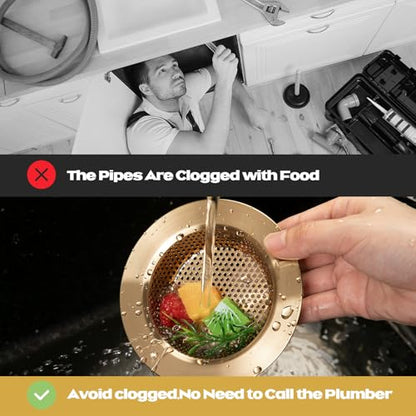 2 Pcs Sink Strainer Stainless Steel Kitchen Sink Drain Strainer Basket Cover Mesh Hair Food Catcher, Large Wide Rim of 4.4 Diameter (Champagne Bronze)
