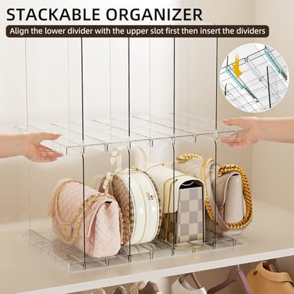 JOYZAN Stackable Purse Organizer for Closet, Adjustable Shelf Dividers for Closet Organizer Clear Acrylic Closet Purse Organizer Detachable Handbag Storage Separator Dividers for Home, Office - 4 Pack