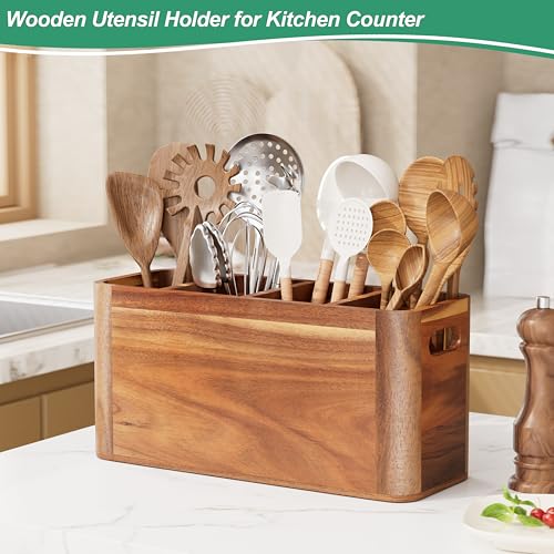 ZUJJAFY Utensil Holder, Extra Large Kitchen Utensil Holder for Counter with 4 Compartments, Wooden Kitchen Utensils Organizer for Countertop Cooking Spatula Storage, Acacia Wood