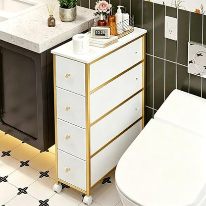 Narrow Storage Cabinet, Narrow Nightstand Dresser with 4 Drawers, Slim Fabric Dresser Storage Tower for Small Spaces, Gold Dresser for Bedroom, Bathroom, Laundry, Closet