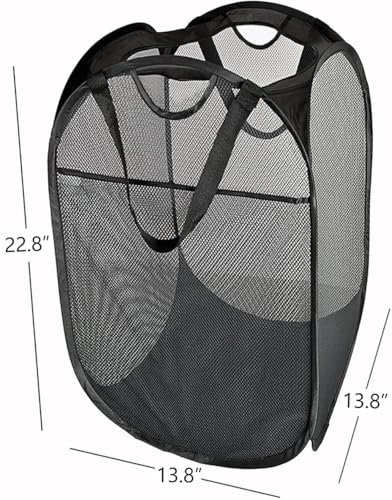 2 Pack Strong Mesh Pop Up Laundry Hamper, 70L Collapsible Laundry Basket with Steel Frame, Double‑Stitched Handles & Side Pocket, Foldable Dirty Clothes Hamper for Dorm, Bedroom, Black