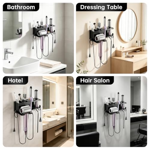 YSD Hair Dryer Holder Wall Mounted Metal Self Adhesive/Screw Organizer | 4 in 1 Hair Tool Organizer Blow Dryer Holder with Curling Iron and Straightener Holder for Bathroom, Black