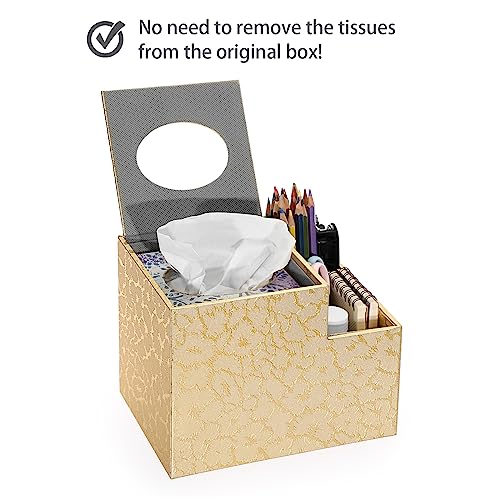 Sumnacon Square Leather Tissue Box Cover - PU Cube Tissue Box Holder with Side Organizer, Decorative Tissue Box for Living Room Vanity Night Stand Desk Countertop Office, Gold