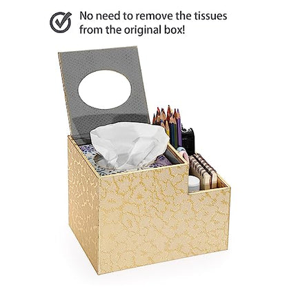Sumnacon Square Leather Tissue Box Cover - PU Cube Tissue Box Holder with Side Organizer, Decorative Tissue Box for Living Room Vanity Night Stand Desk Countertop Office, Gold