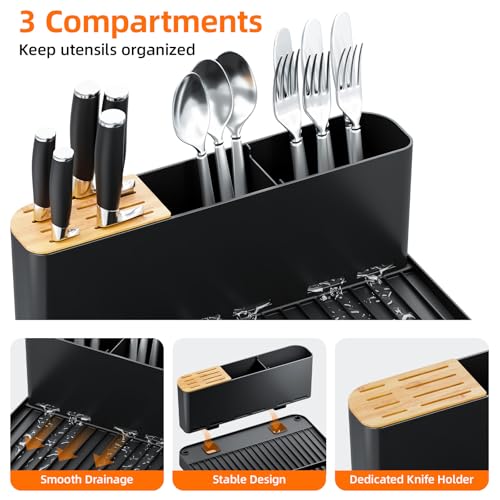 Urackify Extendable Dish Drying Rack, 18.5"-26.7" L x 12.7" W, Black | Multifunctional large dish rack with cup holder and built-in cutlery holder for versatile drying needs