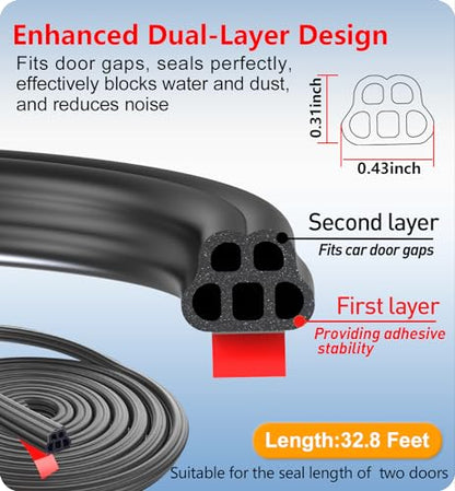 Car Door Seal Strip Double-Layer Self Adhesive Rubber 32.8 Ft | 5-Hole Design, Car Weather Stripping for Noise Reduction & Soundproofing, Dustproof Air Sealing for Trucks, Vehicles and RVs