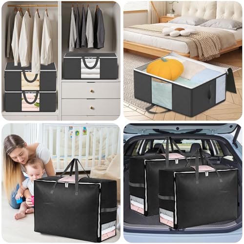 8 Pack 105L Extra Large Comforter Storage Bag, Foldable Bedding Storage Blanket Moving Bags for Clothes Pillows Sweater Dorm, Linen Closet Organizers with 4 Handles & 3 Clear Windows, Black