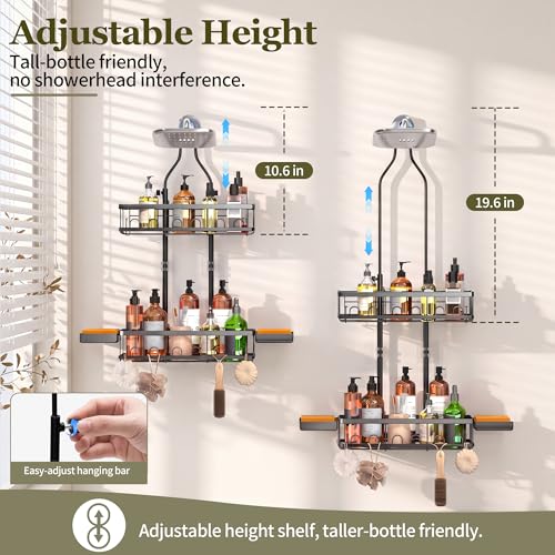 Skyapex Shower Caddy Hanging Over Shower Head, Adjustable, Black | Adjustable height fits tall bottles up to 18 inches; anti-sway design holds 40 lb; quick-drain steel; includes 2 soap trays.