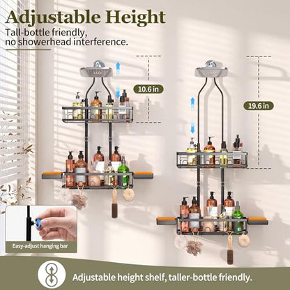 Skyapex Shower Caddy Hanging Over Shower Head, Adjustable, Black | Adjustable height fits tall bottles up to 18 inches; anti-sway design holds 40 lb; quick-drain steel; includes 2 soap trays.