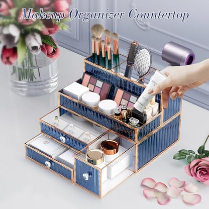 Youdepot Blue Tempered Glass Makeup Organizer | Multipurpose vanity organizer for cosmetics, skincare, hair tools, brushes, perfume and bathroom countertop storage
