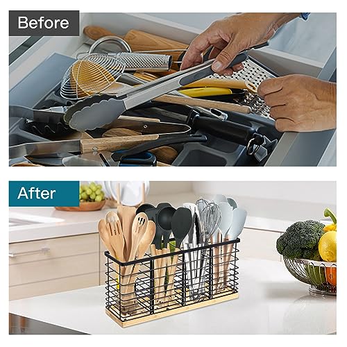 Extra Large Kitchen Utensil Holder Countertop with Removable Divider | Counter&Wall Mounted,Hold 40 Utensils,Cooking Counter Organizer Caddy for Spatula,Spoon,Wooden Base,Farmhouse,Metal,Black
