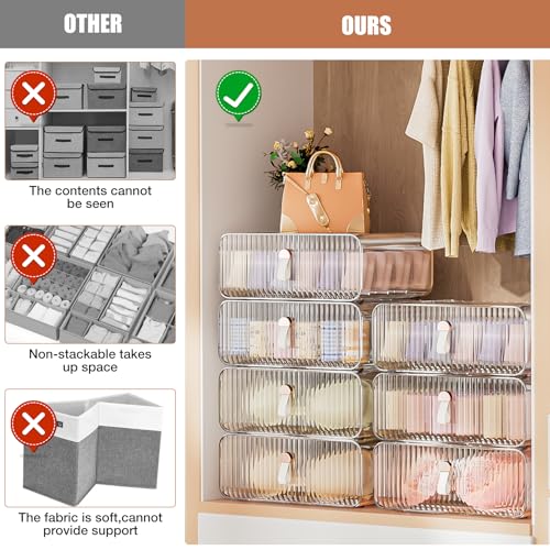 Sock Underwear Drawer Organizer - 24 Compartment Clear Acrylic Storage Bins with Removable Dividers for Closet, Stackable Dresser Drawer Box for No-Mess Socks, Tiers, Baby Clothes, Belt, Tea Bag
