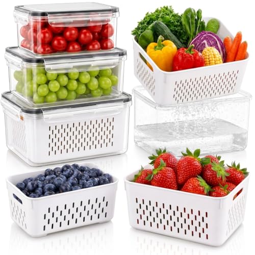Fruit Storage Containers for Fridge with Lids, Fridge Organizers and Storage Produce Saver Box with Removable Drain Basket for Fruit Berry Salad Vegetable Meat, 380ml to 3150ml (4 Pack)