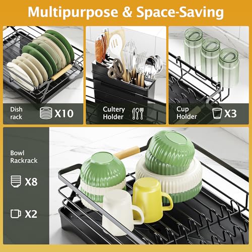 Epicano Dish Drying Rack for Kitchen Counter,Black,Large Capacity | Raised Feet,Rustproof,Wooden Handle,Auto-Drainage System,Cup Holder & Knife Slots, Sink Storage Organizer