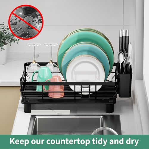 Dish Drying Rack with Drainboard for Kitchen Counter, Black | 13×17 Large Capacity/Rustproof Stainless Steel/Fast Drainage Dish Drainer/Removable Utensil Holder/Kitchen Counter Organizer