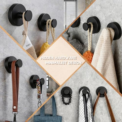 2026 Upgraded Drill-Free Suction Cup Hooks, Stainless Steel Shower Hooks for Bathroom, Glass, Mirror & Wall, Heavy Duty Towel Holder, Removable Waterproof Hooks(2BLACK)