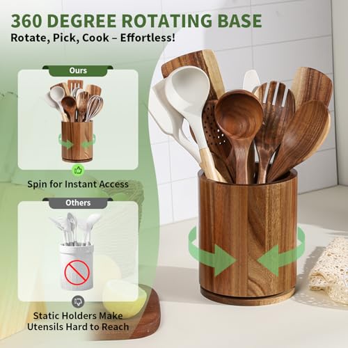 Acacia Wood Utensil Holder, 360° Rotating 7.3 in Kitchen Organizer | Rustic farmhouse countertop decor. Rotating base for easy access to spatulas, spoons, and cooking utensils. 7.3-inch capacity