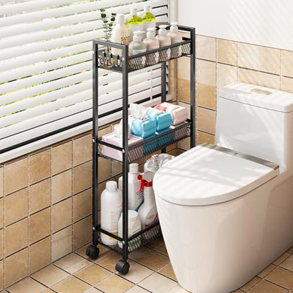 Slim Rolling Storage Cart, Metal 3 Tier Bathroom Storage Organizer Laundry Room Utility Cart for Kitchen, Bthroom, Makeup, Craft, Laundry Narrow Places, Black
