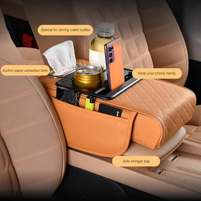 Zpana 4 in 1 Car Center Console Armrest Pillow, Memory Foam, Black | Leather Vehicle Arm Rest Cover, with Tissue Box 2 Side Storage Bag Cup & Phone Holder, Universal Fit