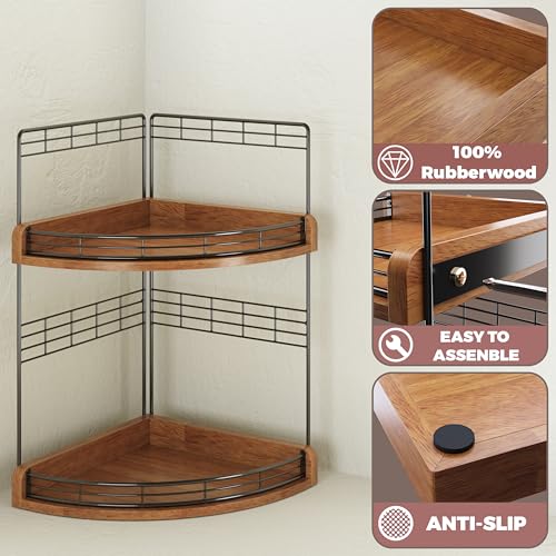 Bathroom Countertop Corner Organizer for Small Spaces, 2-Tier Counter Shelf | Oak Wood & Iron, Fan-Shaped Counter Shelf for Sink & Vanity Corners, Skincare, Toiletries, Compact Vertical Storage, Walnut