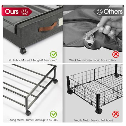 Yecaye Under Bed Storage with Wheels, 2Pack Under Bed Storage Containers, Underbed Shoe Storage Organizer, Rolling Under Bed Metal Drawers for Clothes, Blankets(30.71 x 16.93 x 6.69 in)