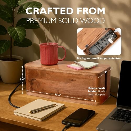 Acacia Cable Management Box - Rustic Design (Natural, Large) | Acacia Wood, Cable Organizer, Rustic Style, Modern Design, Desktop Storage