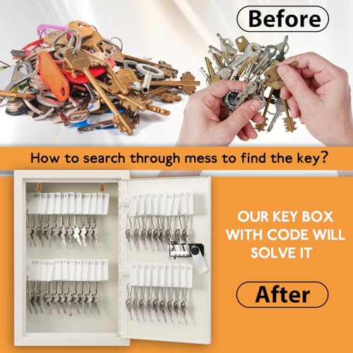 KYODOLED Key Storage Lock Box with Code, Locking Key Cabinet, 40 Key Holder Wall Mount with Combination Lock, Hooks & Tags Labels for Home, Office, Business, 2.5" D x 8.1" W x 12.1" H, White