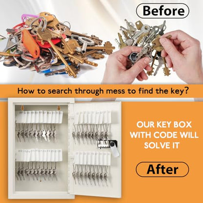 KYODOLED Key Storage Lock Box with Code, Locking Key Cabinet, 40 Key Holder Wall Mount with Combination Lock, Hooks & Tags Labels for Home, Office, Business, 2.5" D x 8.1" W x 12.1" H, White