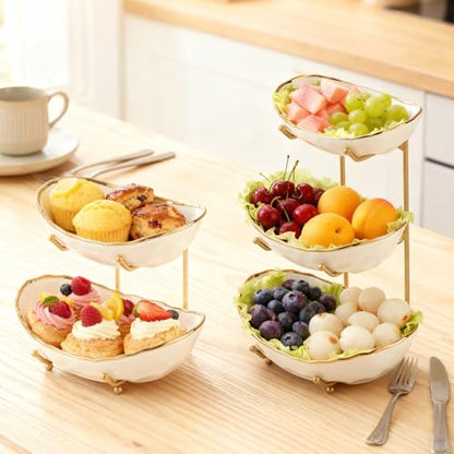 2 Tier Ceramic Fruit Bowl for Kitchen Counter with Metal Rack, Fruit Basket with Stand, Porcelain Bowls for Vegetable Bread Candy Snack Nuts Dessert Cake Tray (Gold 2 layer)