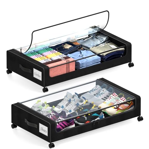 Under Bed Storage with Wheels, 2 Pack Under Bed St... (2 Count | Black)