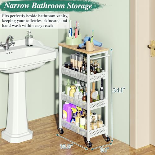 4-Tier Slim Rolling Storage Cart for Laundry Room, Bathroom, Kitchen | Upgraded metal hub casters, Narrow utility cart for small space/gaps, Premium wood top & metal mesh shelf, with handle & hook