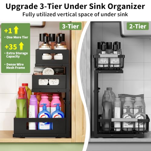 Under Sink Organizer,3-Tier Heavy Duty Pull out Cabinet Organizer Shelf | Height Adjustable,Thickened Metal,Slide out Storage Drawer Rack for Kitchen Bathroom Pantry Laundry Home Organization