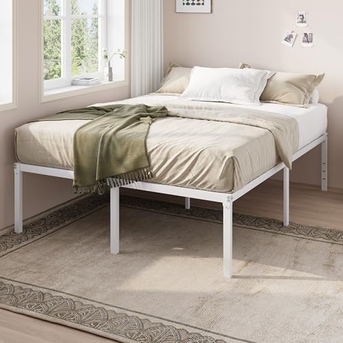 Allewie Full Size Bed Frame, 18 Inch Metal Platform Beds with Storage Space, No Box Spring Needed and Easy Assembly, White