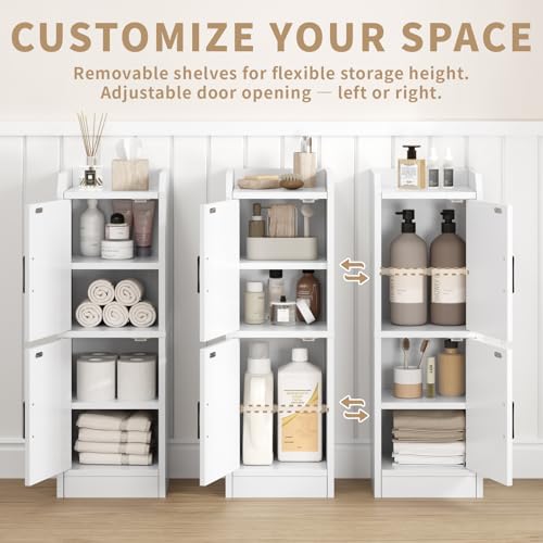 Narrow Bathroom Storage Cabinet with 2 Doors and Shelves, 9.8" W Small Storage Cabinet for Toilet Paper Storage, Slim Cabinet for Small Spaces, Bathroom, Kitchen, 9.8" W × 7.9" D × 29.5" H, White