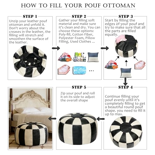 Thgonwid Unstuffed Moroccan Ottoman Pouf Cover, Ottoman Footstool Storage Solution, Bean Bag Chair, Foot Rest, Multi-Black&White