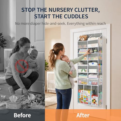 Yecaye Over the Door Organizer 5-Shelf, Behind the Door Storage 80lbs Capacity with Extra Large Pocket, Back of Door Organizer and Storage for Baby Nursery Bedroom Dorm Bathroom RV, Grey
