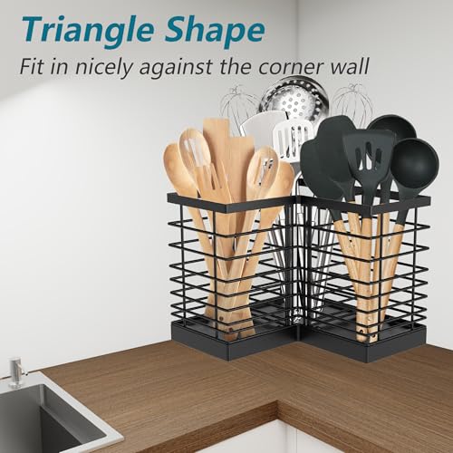 Extra Large Countertop Utensil Holder for Kitchen Counter,Fit Corner | Against Wall,Hold 40 tool,Removable Divider,Easy Clean,Sturdy Farmhouse Cooking Utensil Organizer Caddy,Rutic,Metal,Black