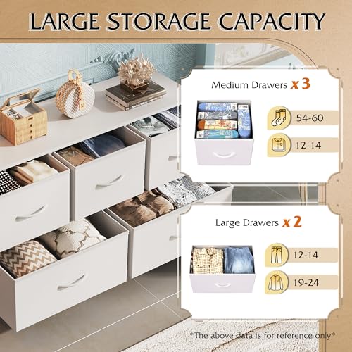 WLIVE Wide Dresser for Bedroom, 5 Drawer Chest of Drawers, White | 5 roomy fabric drawers, Wide storage design, Bedroom or closet use, Sturdy steel frame, Smooth wood tabletop